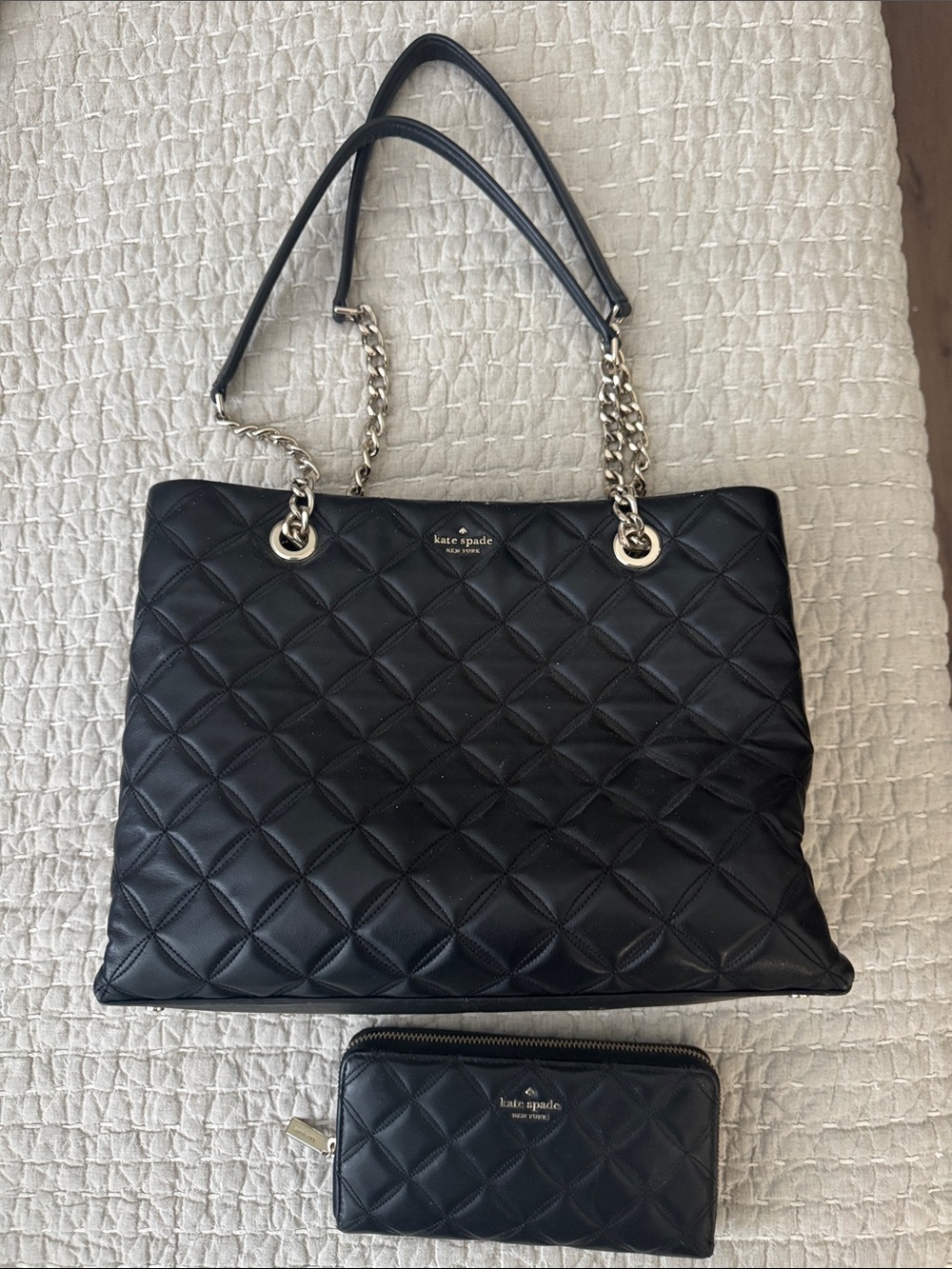kate spade Black Quilted Leather Tote with Chain-Strap and Matching Wallet